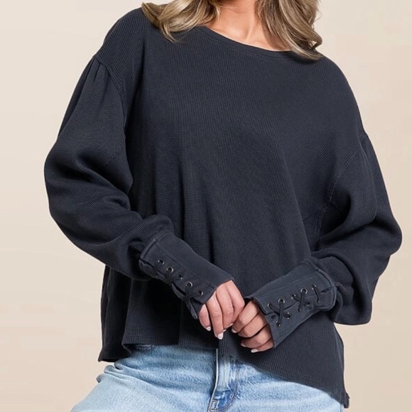 Free People Tops - Free People We the Free Lapis Cuff Waffle Knit Top in Black-XL